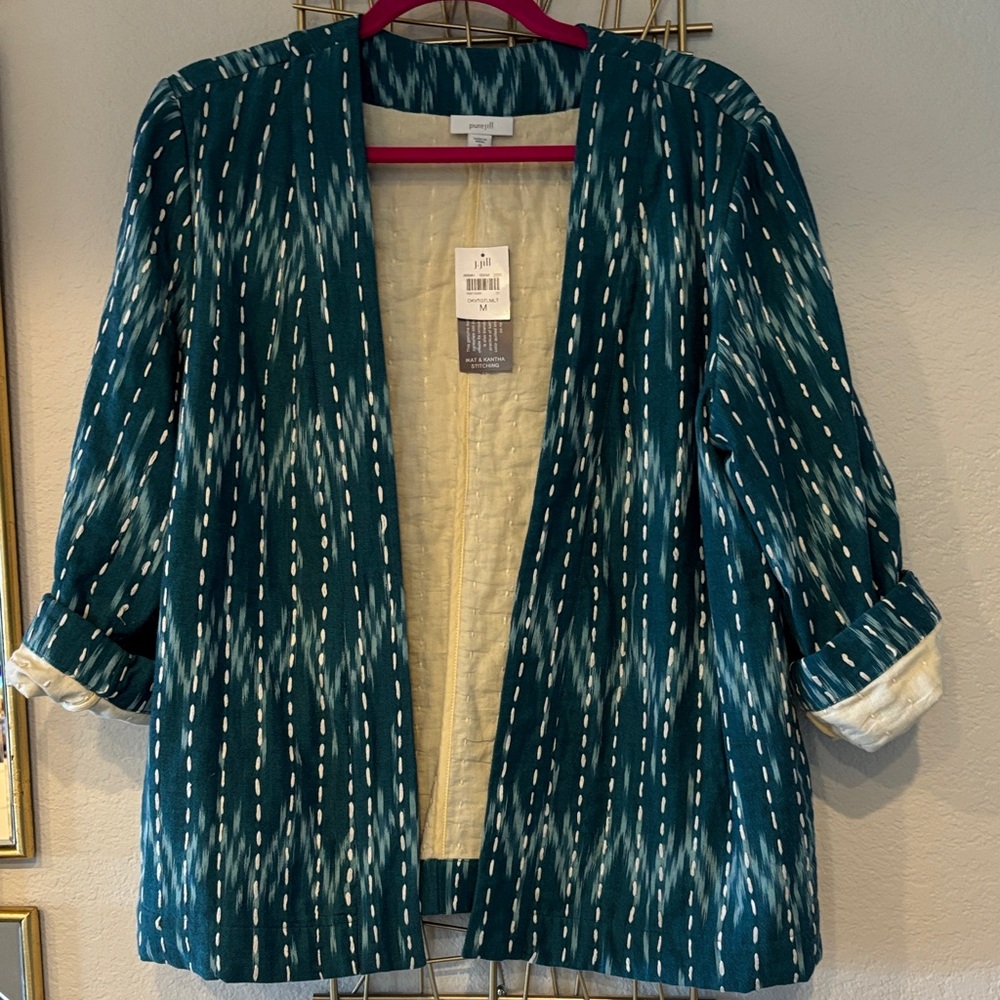 J. Jill Blue and White Open Front Blazer